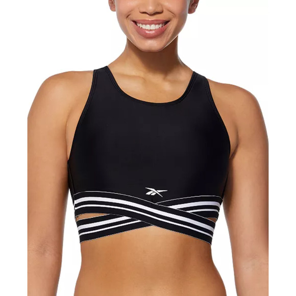 REEBOK Women's Striped-Trim Swim Racerback Bikini Top Black Size XL 13796 - Picture 1 of 2